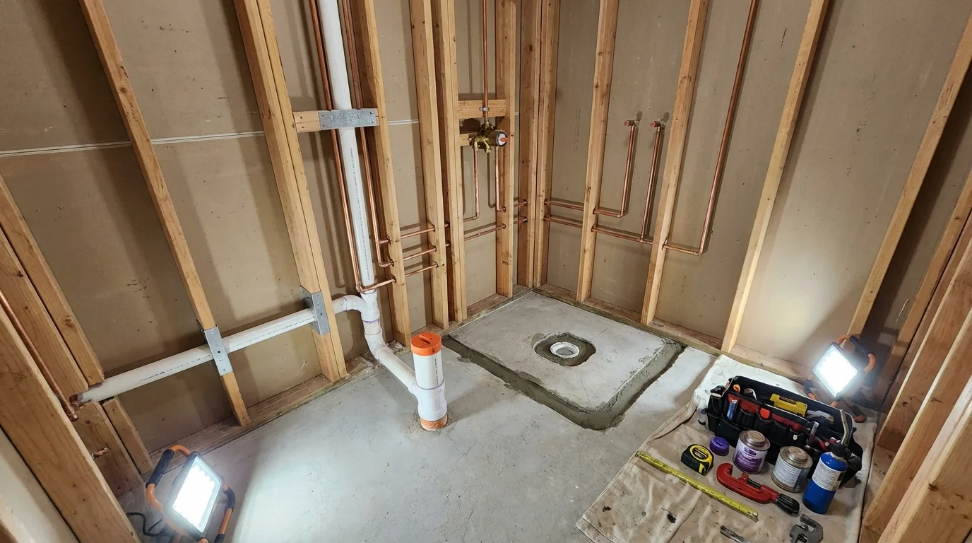 Bathroom rough-in plumbing during remodel by Johns Plumbing LLC in Lake Jackson