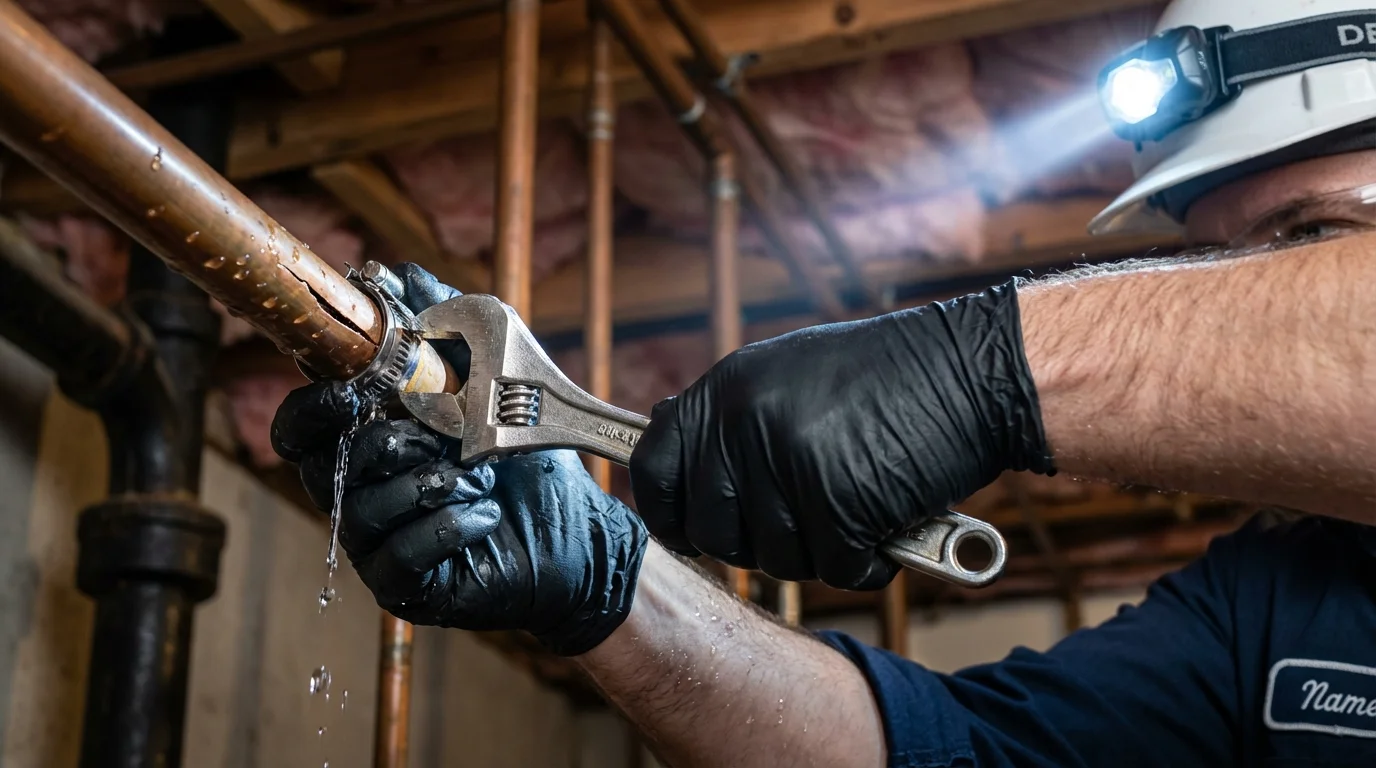 Emergency pipe clamp repair being performed by a Johns Plumbing LLC plumber in Lake Jackson