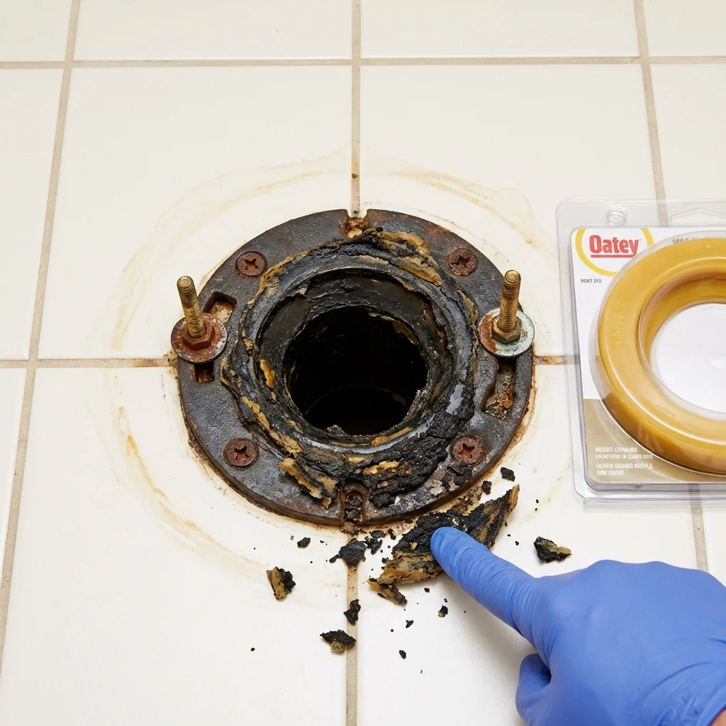 Failed wax ring showing water seepage at the base of a toilet in a Lake Jackson, TX home